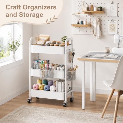 3 Tier Rolling Cart Metal with DIY Pegboard, White Rolling Cart on Wheels for Art Supply Organizer, Three Tiered Craft Organizers and Storage Cart, Utility Hobby Carts for Baby Diaper Caddy,Nail,Book - color: White, size: 3 Tier+Pegboard+Cups+Hooks