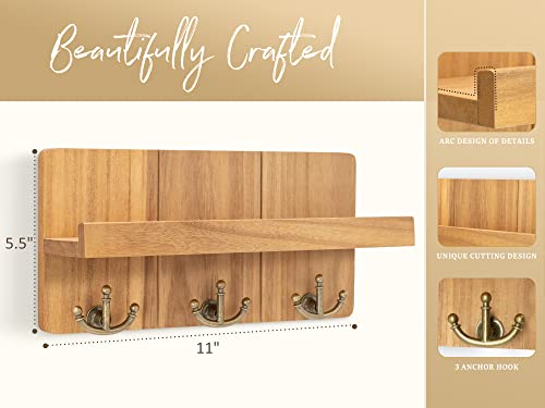 Rebee Vision Farmhouse Key Holder for Wall: Decorative Small Mail Organizer with Shelf and Rustic Mail Holder with 3 Anchor Key Hooks - Retro Home Decor Wall Mount for Entryway, Hallway (Light Brown) - color: Light Brown