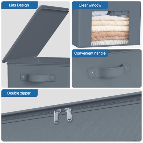 Zilink Fabric Foldable Storage Boxes with Lid 4-Pack Stackable Storage Bins with Zipper & Clear Window Fabric Closet Containers and Organizers for Home, Office, Bedroom (Grey,17" x 12" x 12") - color: Grey