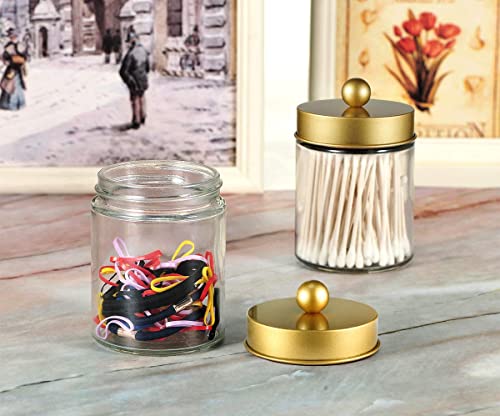 Amolliar 4 Pack Apothecary Jars Bathroom Vanity Storage Organizer Set -Countertop Canister with Stainless Steel Lids &Cute Stickers - Qtip Dispenser Holder for Qtips,Cotton Swabs,Makeup Sponges(Gold) - color: Gold