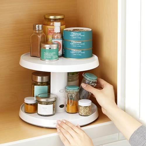 YouCopia Crazy Susan Two-Tier Turntable, Height-Adjustable Lazy Susan Organizer for Kitchen Cabinet and Pantry Organization and Storage, White - size: Two Tier