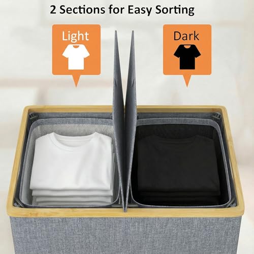 efluky Laundry Hamper with Lid, Double Laundry Hamper with 2 Removable Bags, 2 Section Laundry Basket with Bamboo Handles for Bathroom, Bedroom & Laundry Room, 140L (36.9 Gallon) Blue Grey - color: Blue Grey, size: 140L Dual