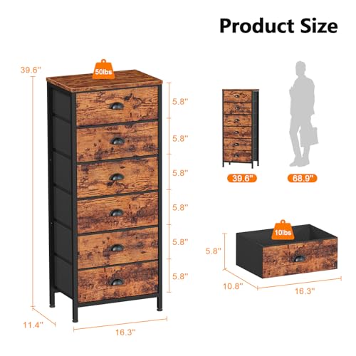 Furnulem Tall Dresser with 6 Drawers,Vertical End Table and Nightstand for Bedroom,Industrial Dorm Bedside Furniture with Fabric Storage Drawer Organizer in Living Room,Closet,Entryway(Rustic Brown) - color: Rustic Brown, size: 11.5"D x 16"W x 39.6"H (6 D