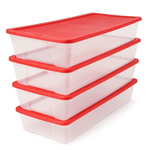 HOMZ 4-Pack Holiday Tote, Clear Plastic Storage Organizer Bins with Lids, 41 Quart, Red - Stackable Organizing Containers for Home, Garage, and Office - size: 41 QT (4 Pack)