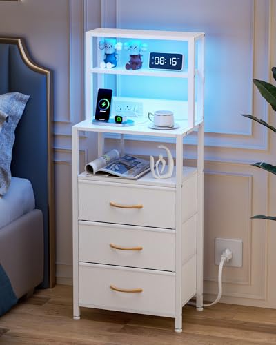Furnulem Night Stand, White Bedside Nightstand with 4-Tier Shelves and 3 Fabric Drawers, LED Bed Side Tables with Charging Station, Tall Dresser for Bedroom, Hallway, Office - color: White, size: 3 Drawer
