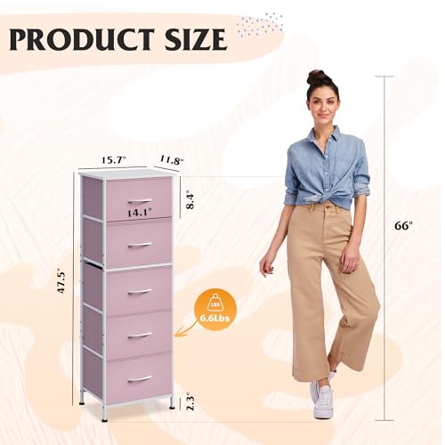 WLIVE Fabric Dresser for Bedroom, 5-Drawer Tall Dressers, Storage Organizer with Fabric Bins, Wood Top, Sturdy Steel Frame, Chest of Drawers for Closet, Hallway, Cloudy Pink - color: Cloudy Pink