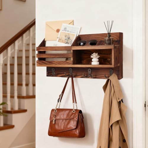Key and Mail Holder for Wall, Mail Organizer Wall Mount with Shelf, Farmhouse Entryway Decor for Organizing A4 Bags,Wallet, Dog Leash, Sunglass (Brown)