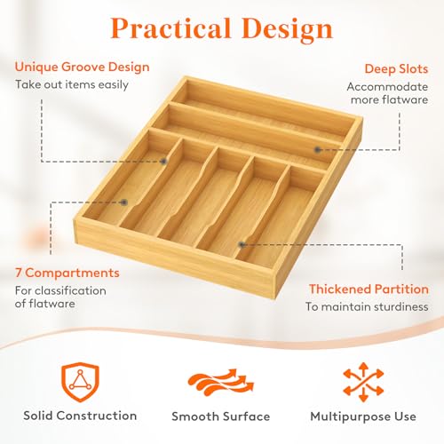 Lifewit Silverware Drawer Organizer, Utensil Tray for Kitchen, Flatware and Cutlery Holder, Storage for Spoons Forks Knives, 33 x 42cm, Natural - size: 12.9''W x 16.5''D