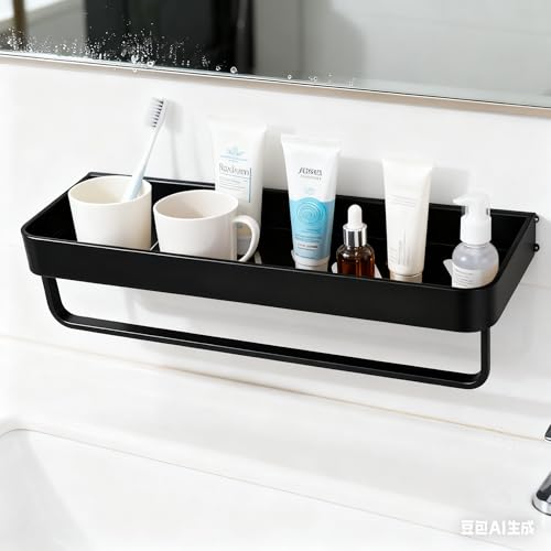 Bathroom Shelf with Towel Bar，Wall-Mounted Shower Storage Rack, 15.75 -Inch Suitable for bathrooms, Kitchens and Toilets，No Drill Bathroom Shelf