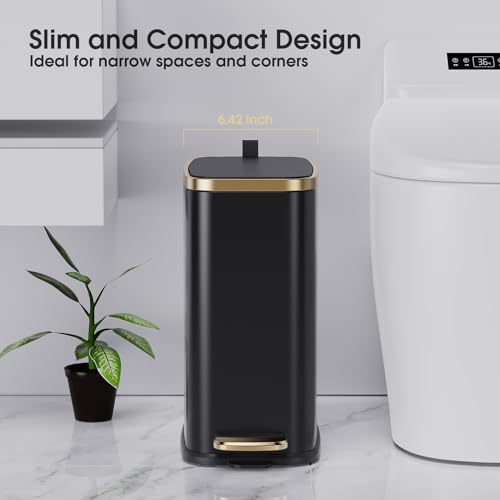 CEROELDA Small Bathroom Trash Can with Lid Soft Close-5L/1.3 Gal Slim Garbage Can-Metal Step Wastebasket-Rectangle Narrow Waste Bin for Office, Bedroom, Toilet, Live Room (Black) - color: Black