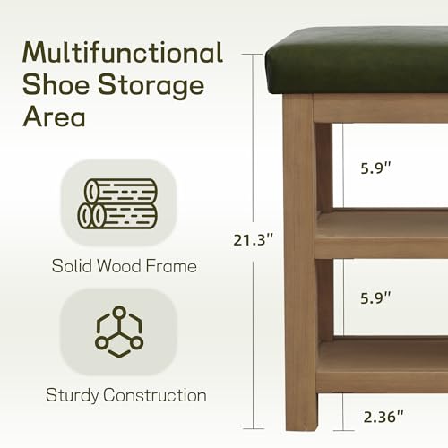 Zihanhome Shoe Rack Bench with Leather Cushion, 2 Tier Solid Wood Storage Bench, Mid-Century Modern Shoe Bench for Entryway, Hallway, Closet, Front Door Entrance, Foyer (Green, 39.4") - color: Green, size: 39.4"