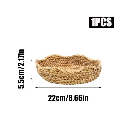 8.7" Handmade Rattan Basket Small Round Woven Storage Basket Tray Small Decorative Bowl for Home Decor, Wavy Edge - color: Basic-wavy, size: 8.7“