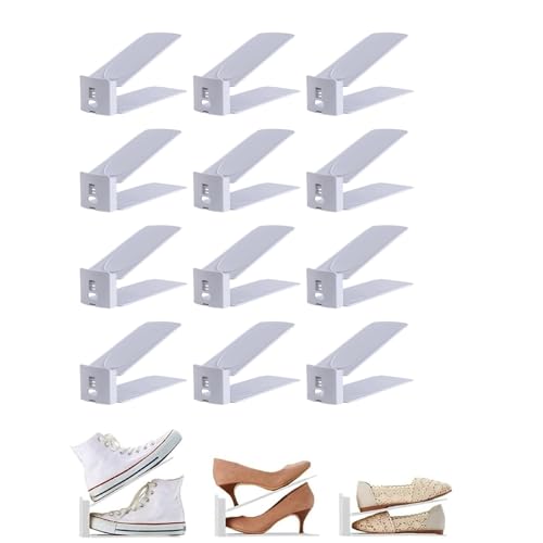 HYGRAD BUILT TO SURVIVE Shoe Slots Pack Of 12 Space-Saving Adjustable Shoe Storage Organiser with 3-Level Height, Non-Slip Shelf Holder, Plastic (White) - color: White