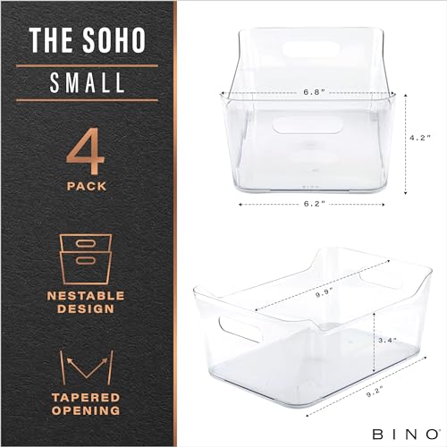 BINO | Plastic Organizer Bins, Small - 4 Pack | The SOHO Collection | Multi-Use Plastic Bin | Pantry & Freezer Organizer Bin | Storage Containers | Bins for Home & Kitchen Org - size: Small