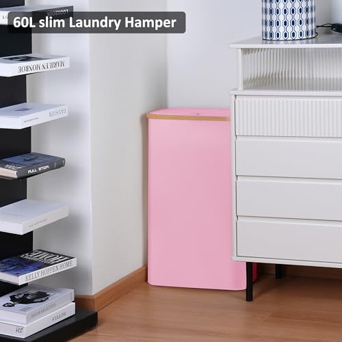 Slim Laundry Basket,60L Laundry Hamper with Lid, Tall Hamper for Laundry,Dirty Cloth Hamper with Bamboo Handle for Toys,Towels, Clothes Organizing,Pink - color: Pink, size: 60L Slim