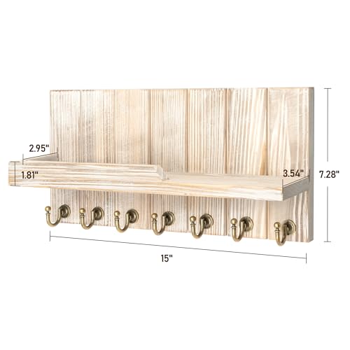 Rebee Vision Farmhouse Key Holder Wall Mount with Mail Organizer - Rustic Key and Mail Holder for Wall with Shelf and 7 Key Hooks - Wooden Apartment Essentials for Room Decor (Natural Wood,15-inch) - color: Natural Wood, size: 15-inch