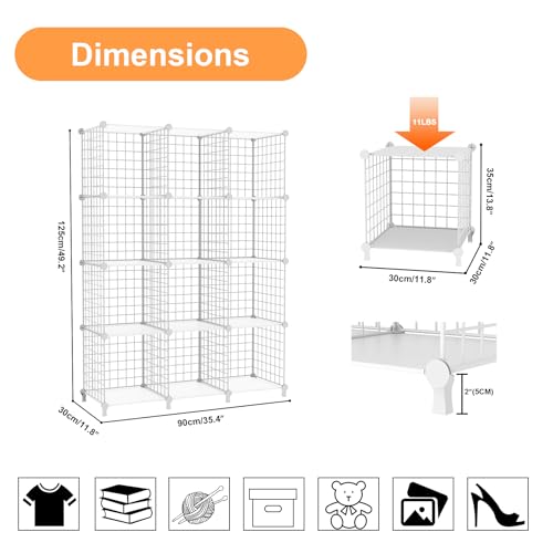 AWTATOS 12 Cube Storage Wire Closet Organizers DIY Stackable Storage Shelves Bookcase Cabinet for Home Office, White - color: White+translucent, size: 12 Cube(30x30cm)