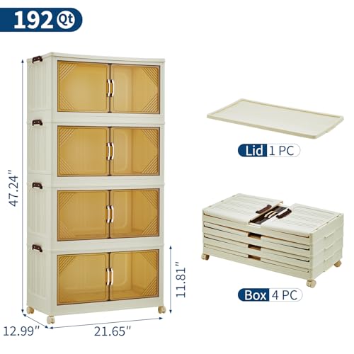 GarveeHome 192QT Stackable Storage Bins, Folding Storage Box with Magnetic Doors & Wheels, Loset Organizers and Storage with Lids, Collapsible Plastic Drawers for Bedroom Kitchen Office, White - color: 4rd floor, size: 48QT