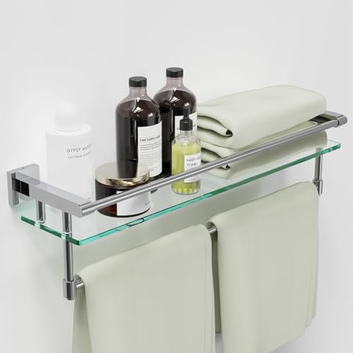 24 Inches Floating Glass Shelves for Wall with Towel Bar/Track, SUS 304 Stainless Steel Railing Tempered Glass Shelf, for Toilet, Room Decor Modern (Chrome Polished, 24-inch) - color: Chrome Polished, size: 24-inch with Railing
