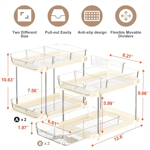 Delamu 2-Tier Multi-Purpose Bathroom Under Sink Organizers and Storage, Stackable Kitchen Pantry Organization, Pull Out Medicine Cabinet Organizer with Movable Dividers, Beige, 4 Pack - color: Beige, size: 4 Pack