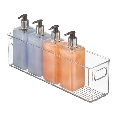 mDesign Plastic Bathroom Storage Container Bins w/ Handles - Closet, Cabinet, Vanity, Cupboard Shelf Organization, Hair Tools Accessory Organizer - Ligne Collection; Clear, 15.4x3.75x4.75 (Pack of 4) - size: 15.4 x 3.75 x 4.75 (Pack of 4)