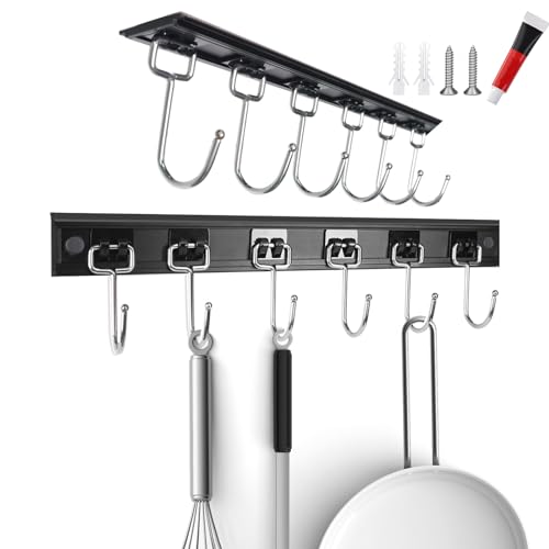 Cociat 2pcs Utensil Racks with 6 Hooks 11 Inch Mug Holder Under Cabinet Kitchen Utensil Holders Multifunctional (11 inch) - color: BLACK, size: 11inch & 6 hooks