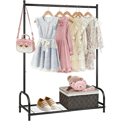 Kids Clothing Rack, Kids Dress Up Storage Rack, Small Clothes Rack with Metal Storage Shelf, Kids Closet Organizers and Storage (Black) - color: Black