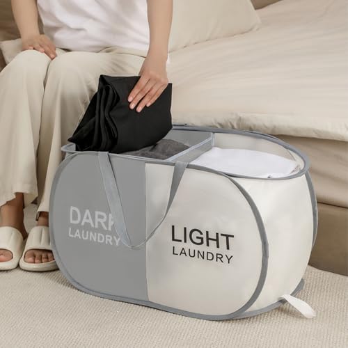 TECHMILLY Collapsible Laundry Basket Durable Pop Up Hamper with 2 Compartments for Sort and Storage, Portable Dirty Clothes Hamper for Dorm, Laundry Room or Travel (Grey + Begie) - color: Grey + Begie, size: 1 Pack