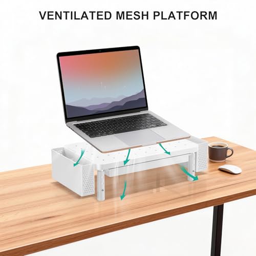 WALI Computer Monitor Stand with Storage, Desk Organizer with Drawer and Pen Holder, Desk Monitor Riser 3 Height Adjustable, Laptop Riser for Computer, Laptop, Printer(PTT003-W), 1 Pack, White - color: White, size: with Drawer and Pen Holder