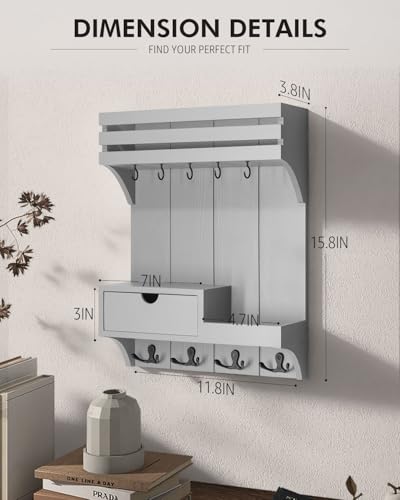 Rebee Vision Decorative Key Holder Wall Mount with Small Drawer Organizer - Modern Mail Organizer with 9 Key Hooks and Wall Shelf for Home Decor - Stylish Apartment Essentials (Gray) - color: Gray, style: Small Drawer