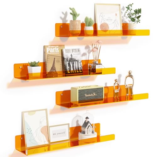 upsimples Acrylic Shelves for Wall Decor, 15" Display Shelf Perfume Organizer for Bathroom, Bedroom, Living Room, Floating Bookshelves for Kids, Clear Orange, 4 Pack - color: Orange