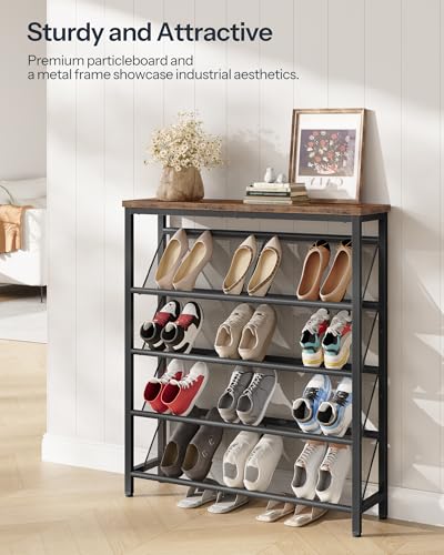 CHOEZON Shoe Rack, 5-Tier Slanted Shoe Storage Shelf, Narrow Shoe Rack for Entryway, Shoe Organizer with Adjustable Feet, Slim Shoe Shelf with Wooden Top and Metal Frame Rustic Brown and Black TXJ02BF - color: Rustic Brown, Black, size: 29.5"L x 7.9"W x 4