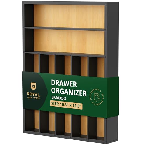 ROYAL CRAFT WOOD Luxury Bamboo Kitchen Drawer Organizer - Silverware Organizer - Utensil Holder and Cutlery Tray with Grooved Drawer Dividers for Flatware and Kitchen Utensils (7 Slot) - color: Black/Natural, size: 7 Slot