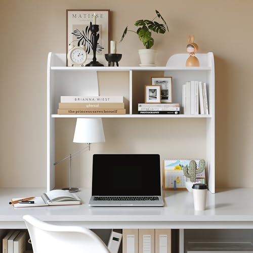 Wooden Desktop Bookshelf 37", 3-Tier Rounded-Edge Desk Storage Organizer, Space-Saving Countertop Shelf for Office Dorm Home, White - color: White