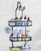 OMAIRA Shower Caddy Hanging Over the Shower Head - Rustproof Shower Organizer Hanging with Soap Scrub Holder, Non-Slip Stainless Steel Bathroom Storage Rack & Shelves, No Drilling, Black - color: Black