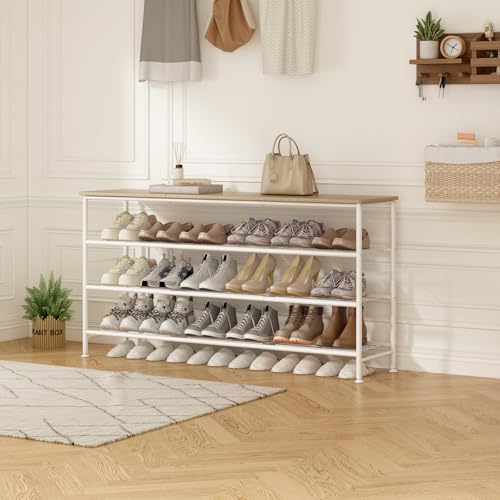 SUOERNUO Shoe Rack Organizer 4 Tier for Closet Entryway Free Standing Metal Storage Shoe Shelf with MDF Top Board (White+Oak, Large 4 Tier) - color: White+oak, size: Large 4 Tier