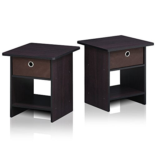 Furinno Dario End Table / Side Table / Night Stand / Bedside Table with Bin Drawer, 2-Pack, Dark Walnut - color: Dark Walnut, size: 2-Pack, Upper Bin