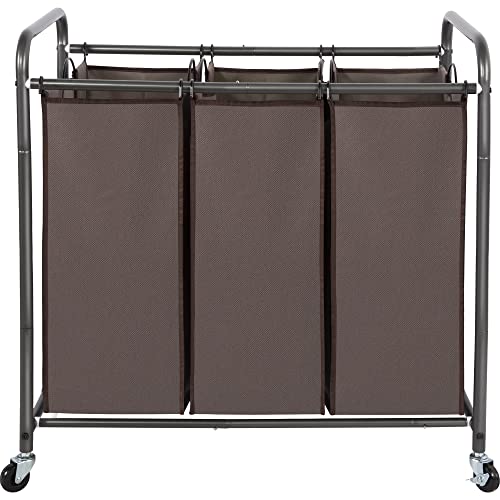 STO STO Laundry Sorter 3 Section, 3 Bag Clothes Hamper, Rolling Laundry Cart Basket with Heavy Duty Lockable Wheels and Removable Bag for Laundry Room, Bedroom, Closet, Brown - color: Brown, size: 3-Section