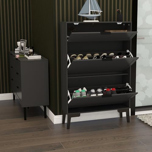 TaoHFE Modern Shoe Cabinet for Entryway - Black Wooden Hidden Shoe Cabinet - Narrow Free Standing 3 Tier Rack - color: Black