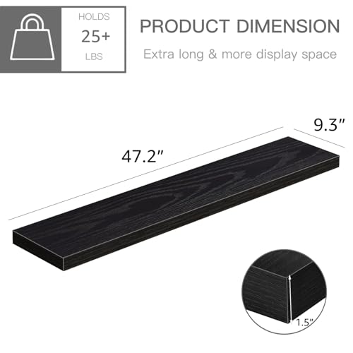 QEEIG Floating Shelves for Wall 47.2" Extra Long - Wall Mounted Shelf Bathroom Kitchen Living Room Bedroom Farmhouse Home Decor Display Bookshelf Large 47.2 x 9.3 inch Set of 2, Black (008-120B) - color: C. Black, size: 47.2"