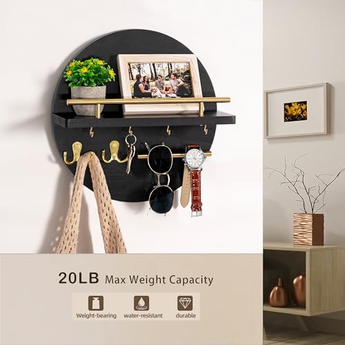 dreampossible Key Holder for Wall Decorative with Shelf and Hooks, Mail Organizer Wall Mount with Sunglasses Holder, Circular Design Entryway Key Rack Hanger, Rustic Home Decor - color: black&gold