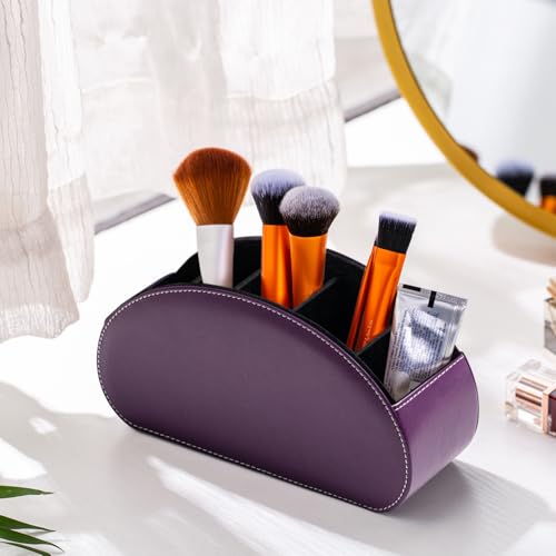 Remote Control Holders Organizer Box with 5 Compartment PU Leather Multi-functional Office Desk Storage Caddy Store Tv Remote for Media Player,Brush,Pencil,Glassees&Office Supplies (Dark purple) - color: Dark purple, size: S