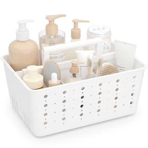 Lifewit Shower Caddy Portable, Cleaning Supplies Caddy Organizer with Handle and Adjustable Dividers, Plastic Shower Basket for Dorm Room Essentials, College, Bathroom, White, 1 Pack - color: White
