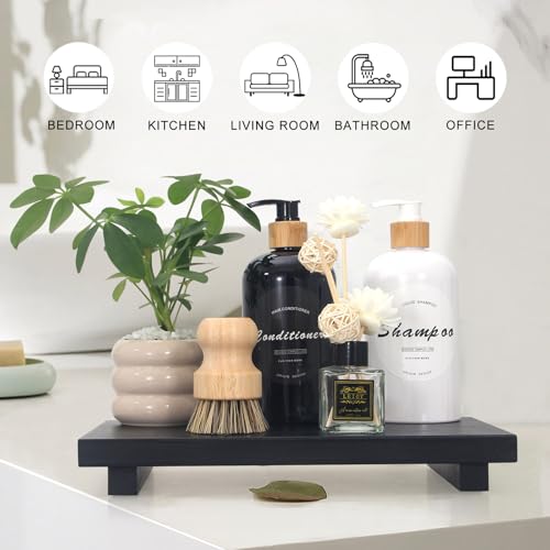 Black Bathroom Counter Tray Organizer Wood Risers Stand Kitchen Sink Trays Dish Soap Dispenser Holder for Countertop Modern Wooden Pedestal Display Farmhouse Bathroom Decor Accessories Vanity Tray - color: Black, size: 12" x 7" x 1.6"