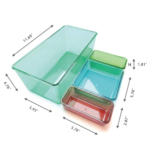 MOSSRIVER 4 Pack Clear Drawer Organizer Set, Plastic Desk Organizer Bin with Lid & Trays, Colorful Storage Box with Removable Trays for Cosmetics, Jewelry, Bedroom, Bathroom, Office, Combo 05 - color: Color 05