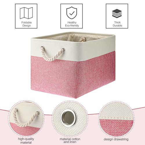 meekoo 8 Pack Collapsible Storage Bins Fabric Storage Bins Polyester Fabric Baskets with Handles Linen Closet Organizer for Shelf Home Closet Towels Toys(15 x 11 x 9.5 in,Pink White) - color: Pink White, size: 15 x 11 x 9.5 In