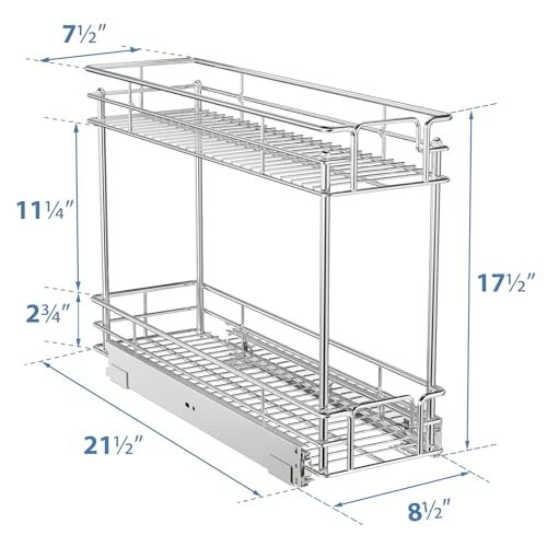ROOMTEC Pull Out Spice Rack for Narrow Cabinet (8½" W X 21" D),2 Tier Slide Out Cabinet Organizer and Pull Out Shelves Under Cabinet Storage for Kitchen, Chrome - size: 8½" W x 21" D, 2 Tier