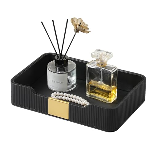 Valet Tray Desktop Storage Organizer, PU Leather Catchall Bedside Vanity Tray with Brass Accents Block Nightstand Organizer for Keys Watch Wallet Phone, Decorative Nightstand Storage (Black) - color: Black