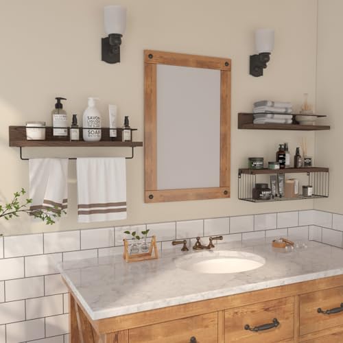 PopiShelves 22.5 inches Bathroom Shelves Over Toilet for Wall, Floating Shelves with Storage Basket Paper Holer for Kitchen Living Room, Bedroom & Classroom, Set of 3 (Dark Brown) - color: Dark Brown, size: 22.5"