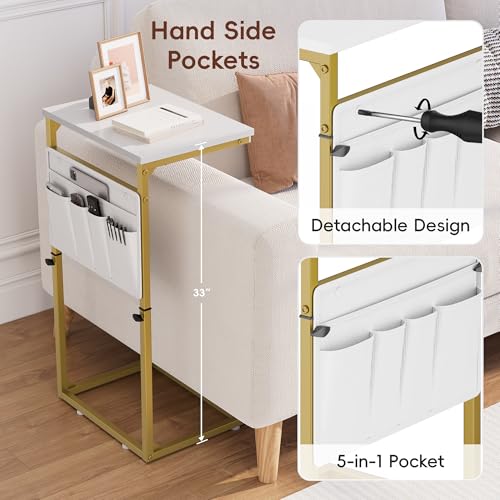 Vagusicc C Shaped End Table, 33'' Tall Side Table for Couch, Adjustable Height Small Couch Side Table for Small Spaces, C Table End Table Slide Under Sofa Table TV Tray Arm Table for Living Room - color: Golden